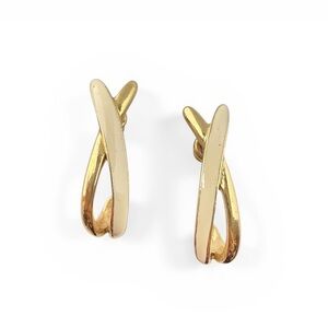 Vintage Trifari Cream Enamel Goldtone Sculptural X Curved Half Hoop Earrings